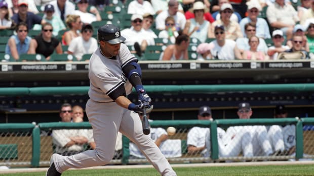 May 29, 2006; Detroit, MI, USA; New York Yankees right fielder (11) Gary Sheffield singles up the middle in the 5th inning of their game against the Detroit Tigers at Comerica Park. Mandatory Credit: Tom Szczerbowski-USA TODAY Sports